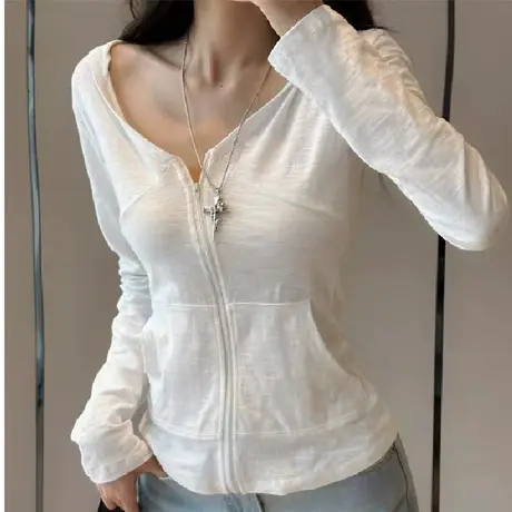 甜酷飒v领白色连帽长袖t恤女辣妹拉链开衫上衣口袋设计感防晒罩衫商品大图