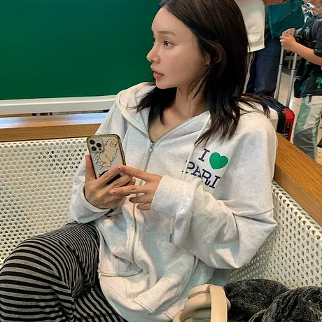 韩国东大门爱心连帽卫衣外套女春秋薄款宽松休闲拉链开衫百搭上衣商品大图