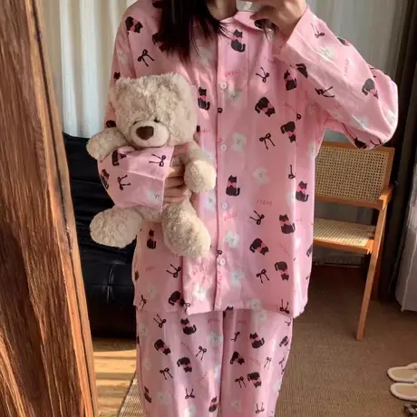 甜美可爱小黑猫磨毛睡衣女秋冬季可外穿2024新款有口袋家居服套装商品大图