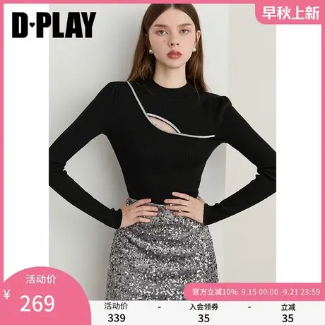DPLAY2025年秋季新款黑色针织衫女含羊毛镂空设计修身打底衫上衣商品大图