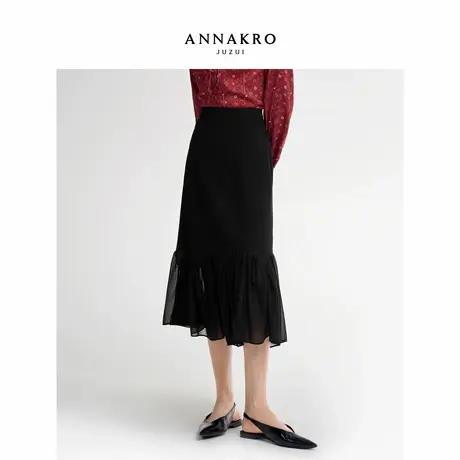 玖姿安娜蔻优雅灵动波浪裙摆A字雪纺半身长裙女2026春季新款图片