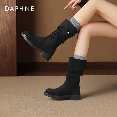 达芙妮短靴子长靴女2025新款小个子加厚高筒靴黑色气质中筒马丁靴图片