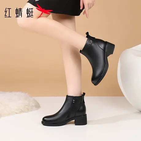 红蜻蜓冬季女鞋高跟靴子女中筒短靴真皮加绒加厚保暖英伦棉靴皮鞋商品大图