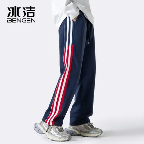冰洁直筒裤男2023秋冬季运动户外条纹撞色脚口抽绳可束脚长裤ASCR商品大图