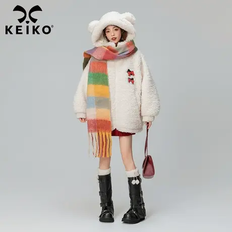 KEIKO 羊羔毛外套女夹棉加厚2023冬季慵懒风可爱连帽棉服小棉袄商品大图