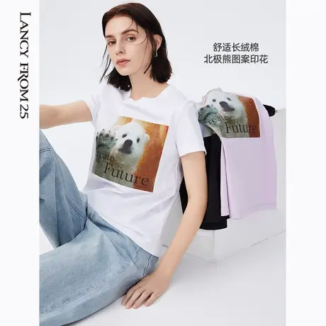 朗姿白色休闲印花圆领短袖T恤女夏新款内搭上衣打底小衫图片