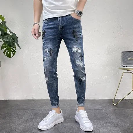 秋款男生潮牌牛仔长裤个性做旧潮流破洞修身小脚铅笔蓝色牛仔裤男商品大图