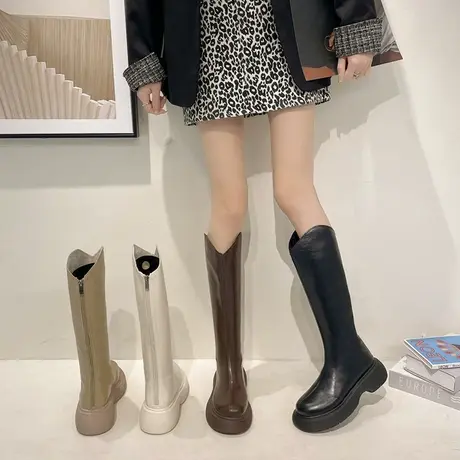 白色厚底小个子长筒长靴女鞋2023年新款显瘦高筒骑士靴春秋单靴子商品大图