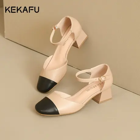 珂卡芙小香风单鞋女2023新款夏季女鞋子粗跟气质凉鞋一字带高跟鞋图片