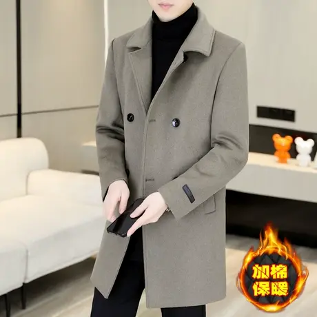 男士高端商务中长款风衣加棉加厚冬季英伦外套双排扣羊毛呢子大衣图片