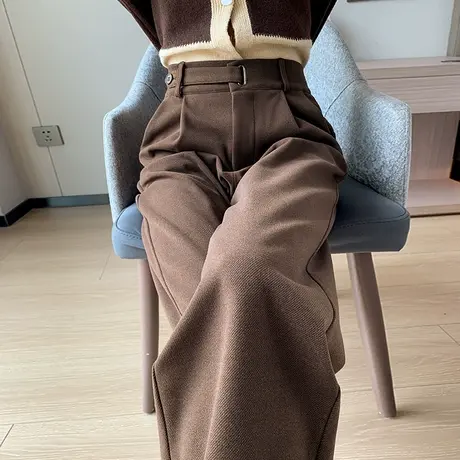 咖色毛呢阔腿裤女秋冬2023新款高腰垂感休闲小个子直筒拖地西装裤商品大图