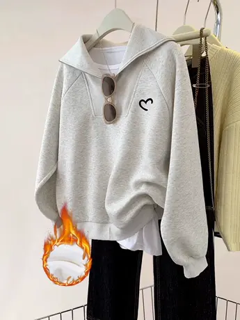 秋冬设计感海军领卫衣oversize大码休闲风ins加绒半拉链外套上衣图片