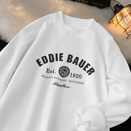 450g重磅男士卫衣秋冬款加绒加厚白色无帽套头上衣服圆领长袖t恤商品大图