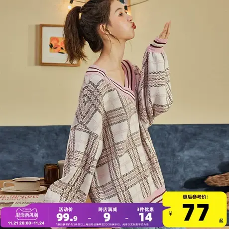 唐狮春秋新款条纹格毛衣女复古学院风日系慵懒风设计感小众上衣图片