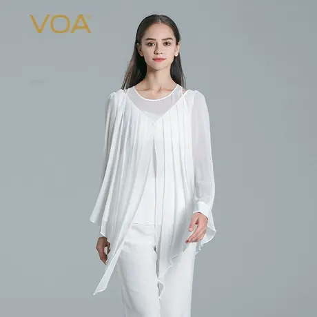 VOA甜白色双绉桑蚕丝圆领泡泡长袖镂空风琴褶甜美宽松真丝娃娃衫图片