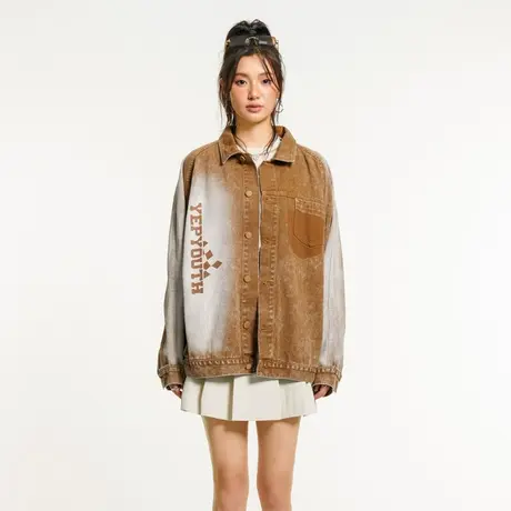 YEP水洗做旧牛仔外套女潮ins春秋款宽松bf美式复古设计感小众上衣商品大图