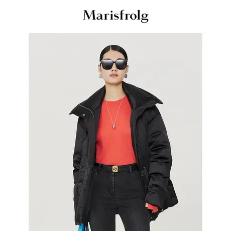 【气质大翻领羽绒服】玛丝菲尔冬季新款黑色拉链设计羽绒服图片