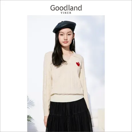 音儿美地女装2022冬季新款勾花POLO领贴布绣章羊毛针织衫商品大图