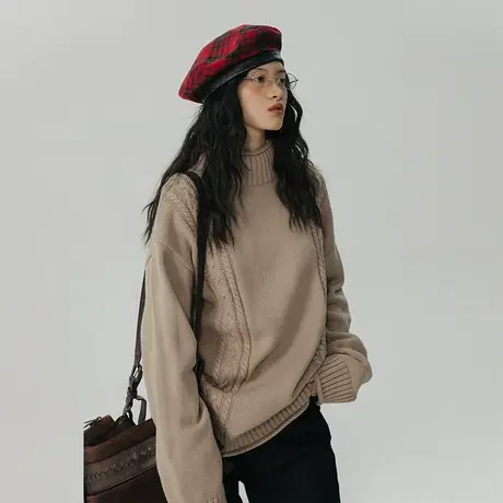 omont蛋挞家 蓝色高领毛衣女冬季2023新款宽松绞花内搭针织上衣图片