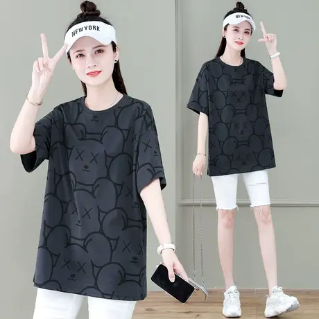 全棉中长款短袖t恤女夏装2023新款韩版时尚大码女装宽松休闲上衣商品大图