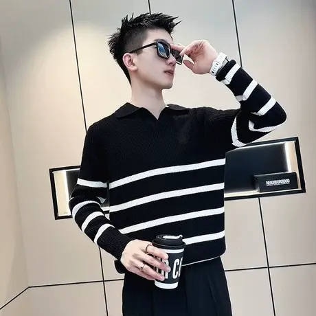 冬装轻熟风POLO衫毛衣潮牌韩版休闲撞色条纹针织衫ins线衣外套男商品大图