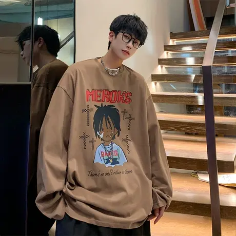 脏辫男孩印花长袖t恤男美式vintage复古打底衫秋冬季嘻哈风上衣服商品大图