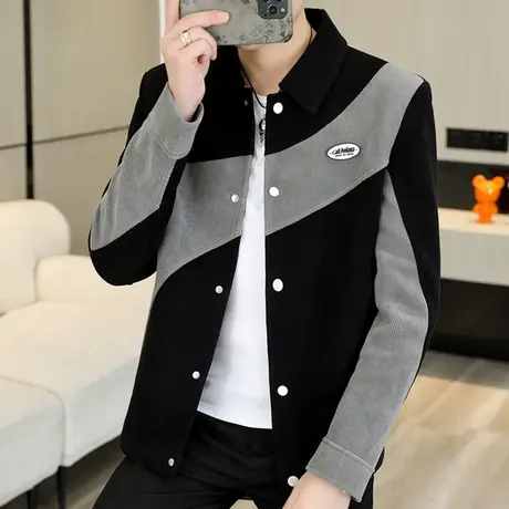 潮牌外套男士秋装高级感撞色拼接上衣痞帅气潮流翻领短款休闲夹克图片