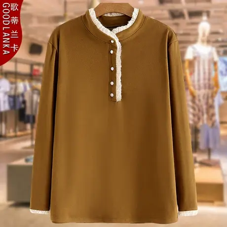 加肥加大码中年妈妈秋冬装打底衫宽松时尚花边领双面德绒T恤上衣商品大图