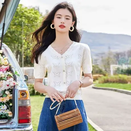 时尚气质短袖针织开衫2023年夏季新款淑女温柔V领显瘦通勤上衣商品大图