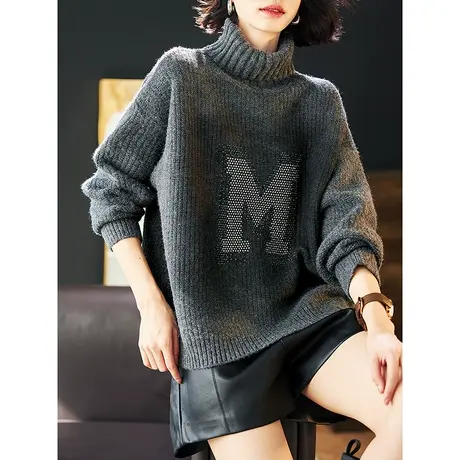 宝诗黎高领套头毛衣女春秋季2024新款落肩长袖烫钻宽松慵懒针织衫图片