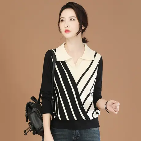 韩潮袭人高级感polo领条纹针织衫女2023秋季新款长袖套头毛衣薄图片