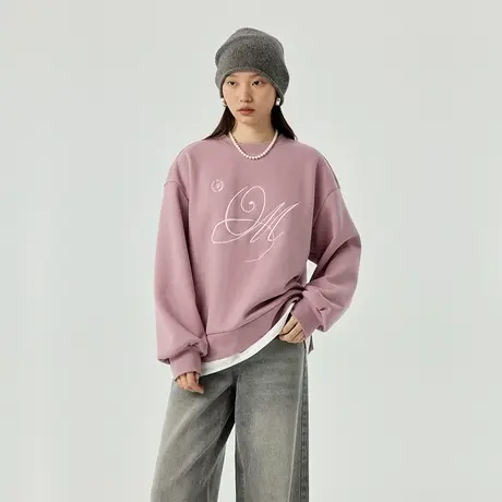 omont蛋挞家 复古加绒圆领卫衣女秋冬新款慵懒宽松假两件上衣商品大图