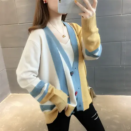 拼色开衫毛衣外套女韩版慵懒风短款针织开衫女秋冬新款2023时尚潮图片