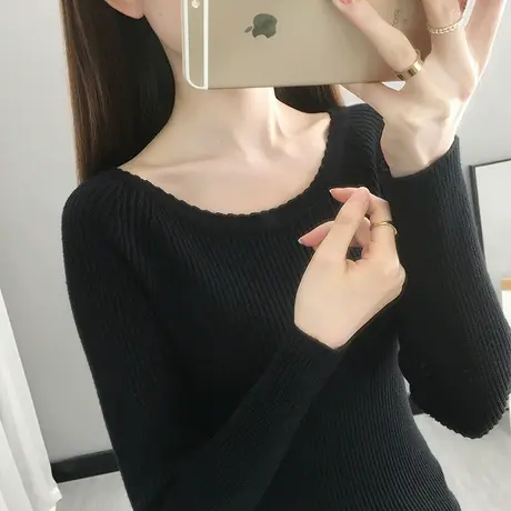 秋装2022年新款针织衫女长袖百搭短款圆领毛衣修身紧身薄款打底衫商品大图
