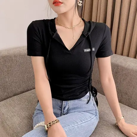 连帽短袖T恤女短袖2024夏新款紧身抽绳小衫设计感高腰短款上衣ins图片
