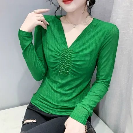 2024初秋新款性感V领网纱T恤女欧货时尚钉珠上衣气质修身显瘦小衫图片