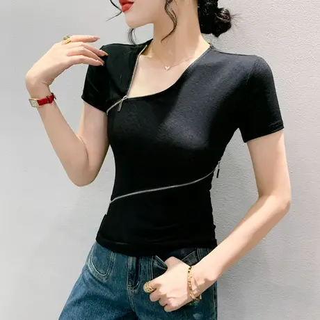 欧货个性网红T恤女短袖夏季洋气设计感小众拉链上衣百搭显瘦小衫商品大图