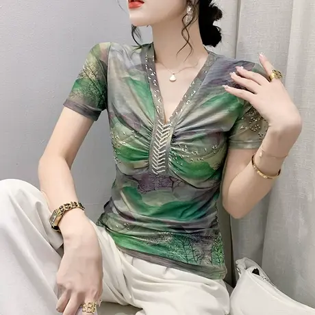 时尚印花网纱T恤女短袖复古性感V领修身上衣夏天气质减龄钉珠小衫商品大图