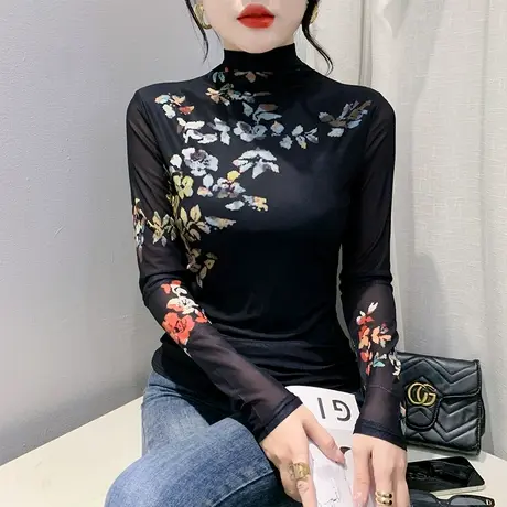 性感网纱半高领T恤女长袖欧货减龄扎染印花上衣洋气修身收腰小衫商品大图