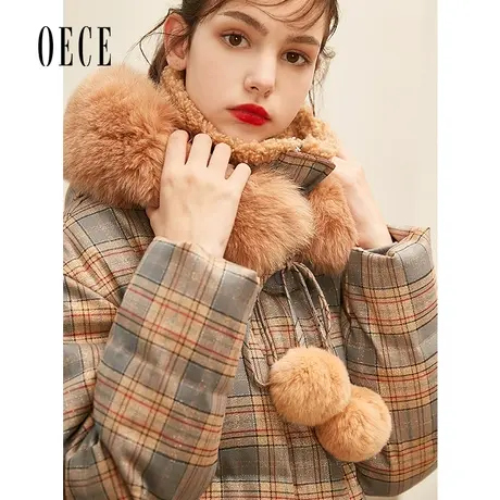 Oece秋冬新款女装 学院大气毛领带帽复古格纹中长款羽绒服商品大图