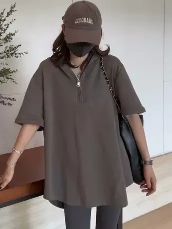 韩系气质设计感半拉链连帽百搭上衣夏季2023新款洋气宽松显瘦T恤图片