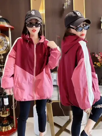 美式宽松户外拼接防晒衣女小个子连帽薄款冲锋衣外套冲锋服开衫商品大图