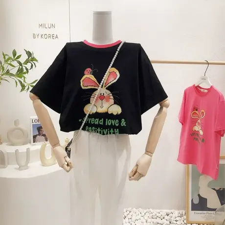 韩国东大门设计感上衣2022夏季新款ins甜美兔子宽松短袖T恤大码女图片