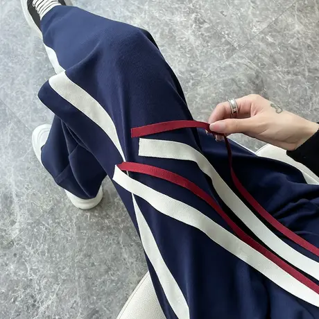 阔腿运动裤女2023年春秋新款高腰垂感直筒宽松拼色小众休闲拖地裤商品大图