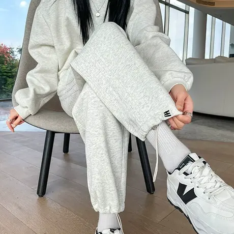 加绒哈伦裤女秋冬2023新款休闲高腰小个子运动裤束脚加厚九分卫裤图片