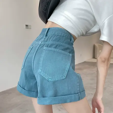 蓝色牛仔短裤女夏季2024薄款高腰a字宽松显瘦小个子卷边阔腿热裤商品大图