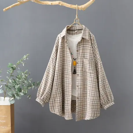 宽松大码长袖磨毛格子衬衫女秋冬新款韩范灯笼袖外套衬衣加厚上衣商品大图