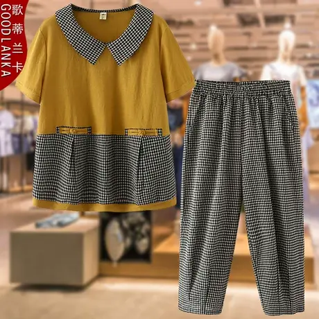 中年胖妈妈夏装棉麻休闲套装加大码宽松时尚母亲节礼物短袖两件套商品大图