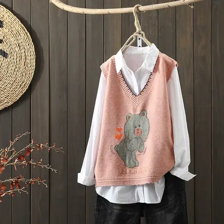 枫谜2021年秋装新款文艺简约卡通针织马夹女宽松毛线针织无袖毛衣图片