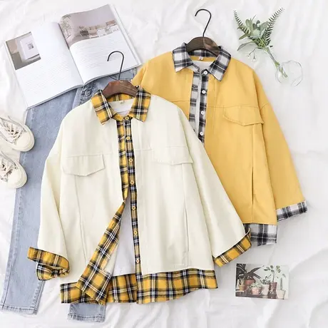 复古港味衬衫女2020新款秋季外套假两件格子拼接百搭外穿长袖衬衣商品大图